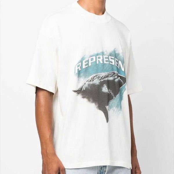

2023 men's and women's fashion t shirt western european brand designer rep great white shark high street small crowd print loose w, White;black