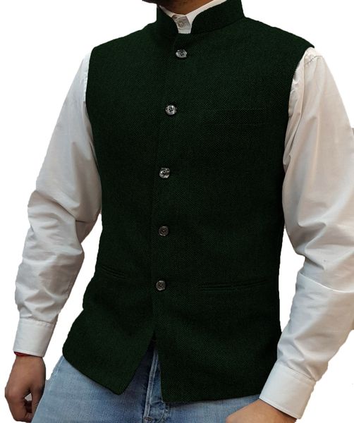 

men's vests chinese style stand collar formal tweed waistcoatvest wool herringbone hight quality size groom's wear business 230222, Black;white
