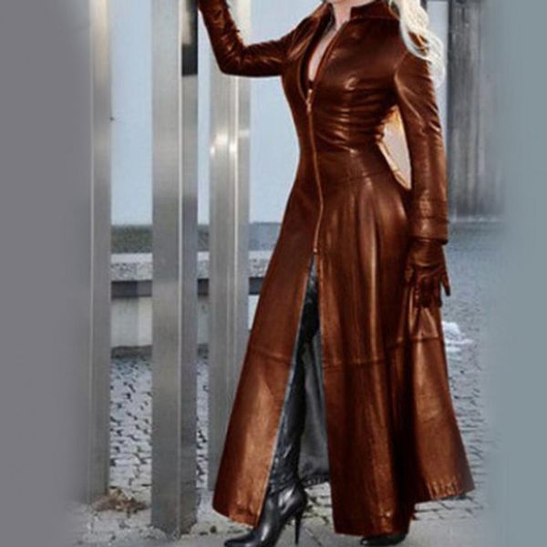 

women's leather faux winter jacket cool firm stitching smooth surface zipper trench coat 230222, Black