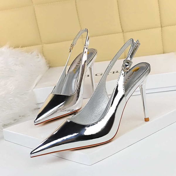 

sandals shiny high heels slingback gold silver women pumps metallic sandals pointy toe stiletto heeled shoes party dress shoes woman 79 j230, Black