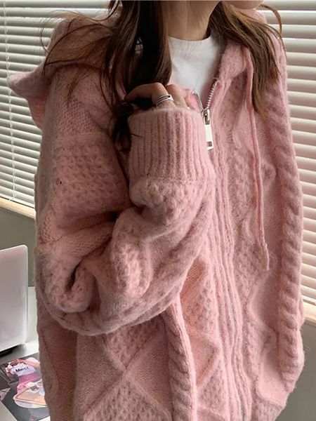 

women's sweaters houzhou korean fashion knit cardigan women autumn winter casual loose zipper hooded thick sweater coat long sleeve pin, White;black