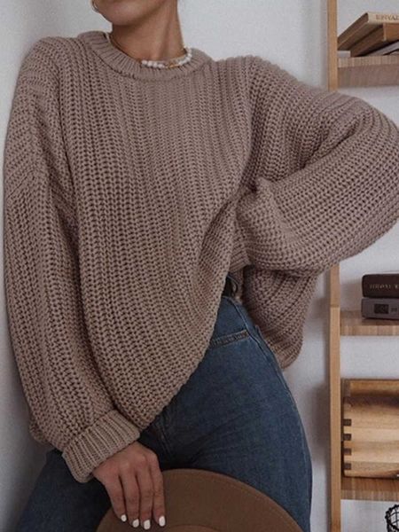 

sweaters autumn winter new women's knitted round neck fashion pullover solid color loose 230222, White;black