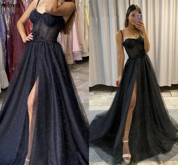 

black sequined tulle evening dresses a line spaghetti straps side high split formal party gowns for women lace appliqued second reception pr, Black;red
