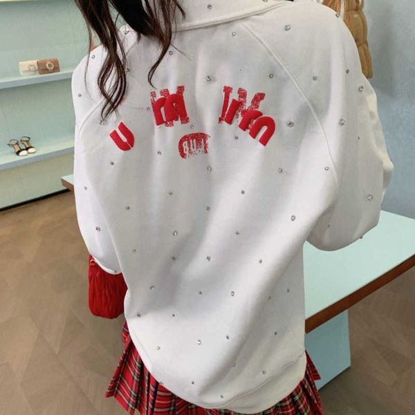 

fashion women sweater diamond embroidery sweatshirt miu designer sweaters womens lapel long-sleeved tshirt pullover coat oversize hoodi, Black