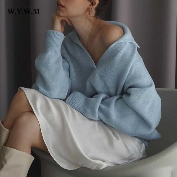 

wywm winter knitted v-neck sweater women lazy oaf elegant basic pullovers lady casual long sleeve streetwear female clothing 230222, White;black