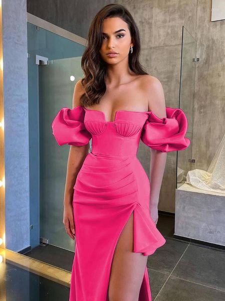 

Casual Dresses Sexy Midi Party Dress Women Off the Shoulder Bodycon Bandage Autumn Winter Fashion Backless Split Outfits Rose Red