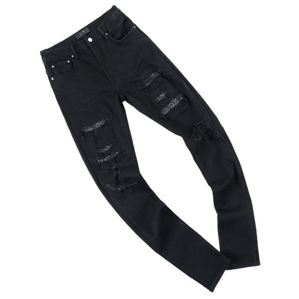 

2023 new crystal thrasher jean tactical cargo mens slim jeans distressed denim designer pants with holes letters torn tattered knee ripped m, Black