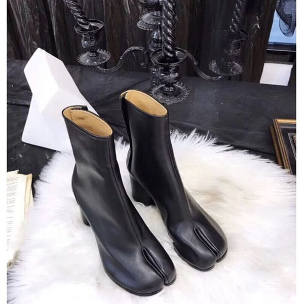 

boots brand design tabi boots split toe chunky high heel women boots leather zapatos mujer fashion autumn women shoes botas mujer 230221, Black