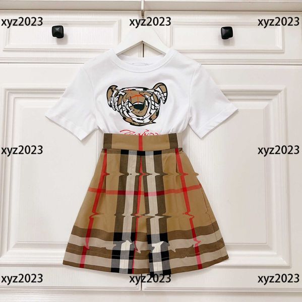 

luxury kids clothes child sets baby 2pcs summer bear head t-shirt and oversized check skirt tracksuit outdoor size 100-150 cm, White
