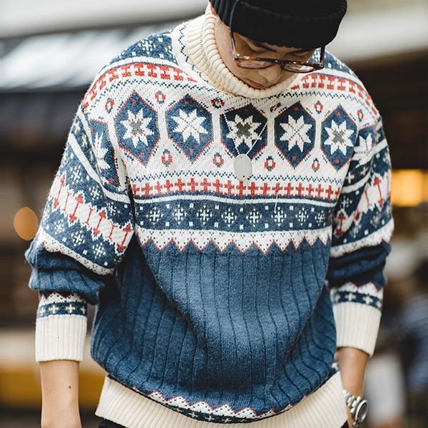 

men's sweaters men turtlenecks snowflake sweater winter thick patchwork harajuku printed faire island knit pullovers japan retro oversi, White;black