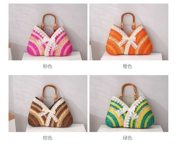 

totes straw rainbow stripe straw bag rattan bag single pastoral handbag women's bag beach handbag fashion stitching 0222v23