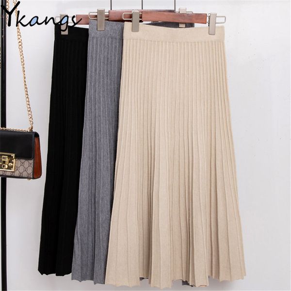 

casual dresses winter thickened rib knitted large swing maxi long skirts elegant solid a-line pleated ankle length knit skirts black beige 2, Black;gray