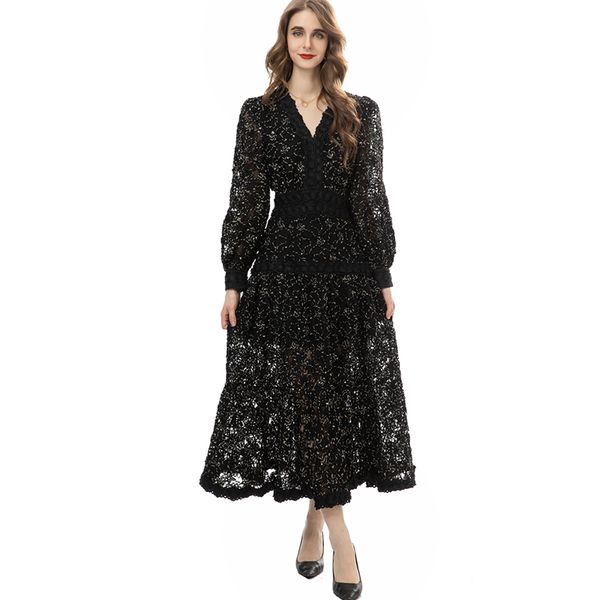 

women's runway dresses v neck long sleeves embroidery lace piping elegant fashion prom vestidos, Black