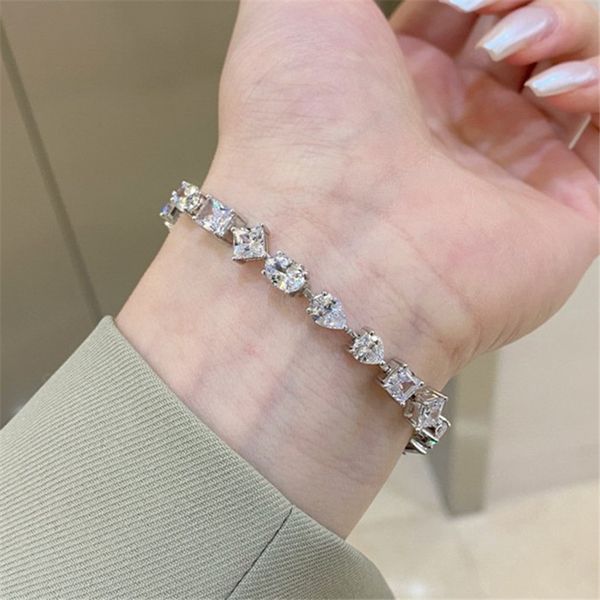 

luxury 925 sterling silver shaped tennis love designer bracelet jewelry for woman white 5a cubic zirconia heart square charm chain womens br, Golden;silver