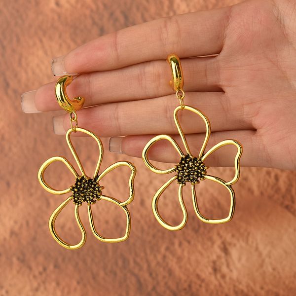 

vintage hollow flower earrings large pendant geometric gold floral metal designer dangle earrings for women girls, Silver