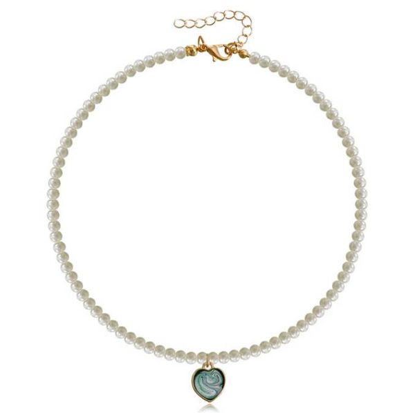 

fashion elegant classic white pearl necklaces enamle green heart pendant necklaces for women handmade beaded jewelry party gift, Silver