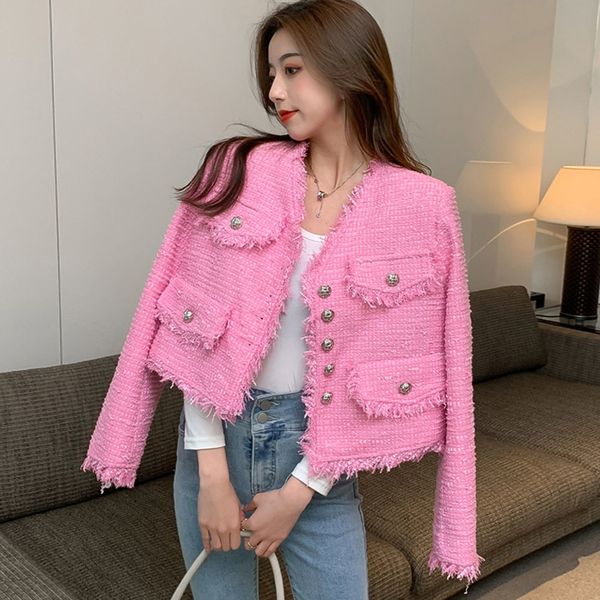 

womens jackets fashion tassel plaid tweed women oneck double buttons luxury elegant coats office lady autumn spring outwear 230222, Black;brown