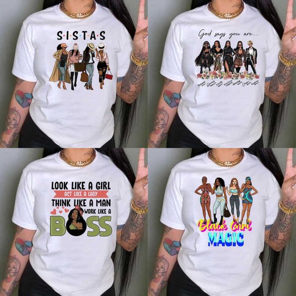 

retail new plus size 3xl 4xl women clothes black girl print t-shirt feminism short sleeve tank girl print, White