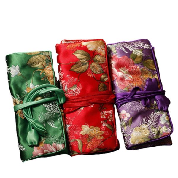 

custom zip roll up cosmetic jewelry storage bags for travel packaging drawstring chinese silk brocade 3 zipper pouches, Pink;blue