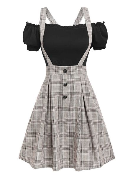 

casual dresses off the shoulder tee and crisscross plaid suspender skirt set two piece dress and skirt set l230221, Black;gray