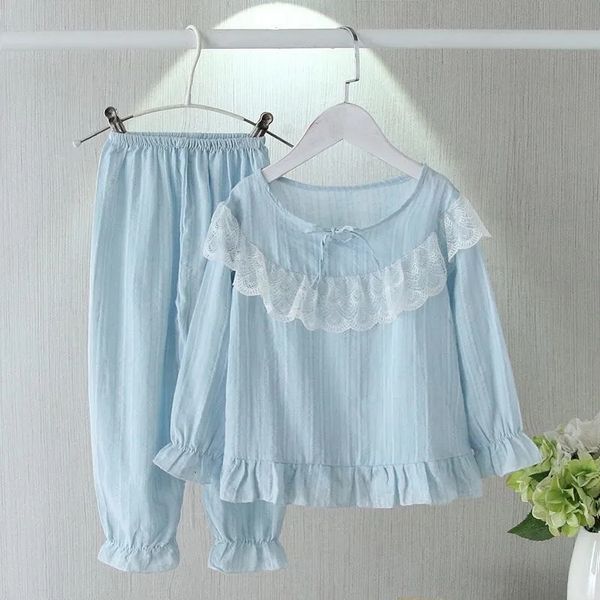 

pajamas cotton linen breathable baby girl pajamas lace princess style pant set children two-piece set infant long sleeved sleepwear 230222, Blue;red