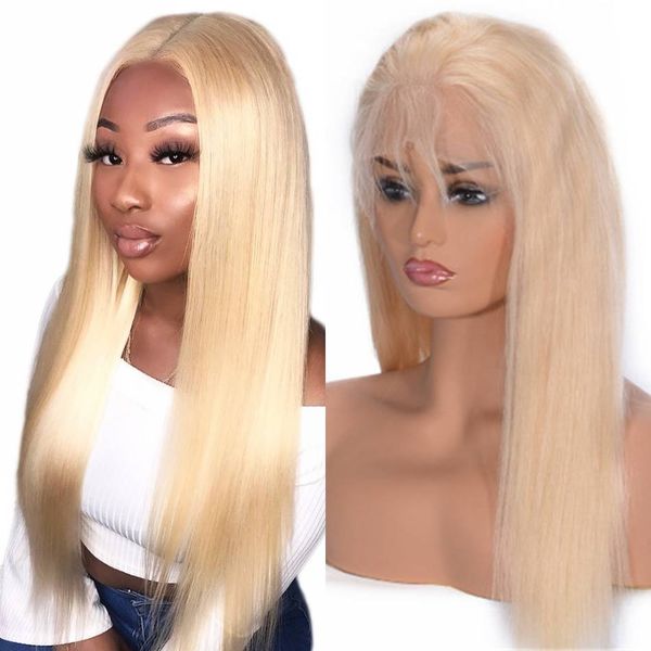 

613 blonde human hair lace front wigs with baby hair peruvian straight wig pre plucked for women, Black;brown
