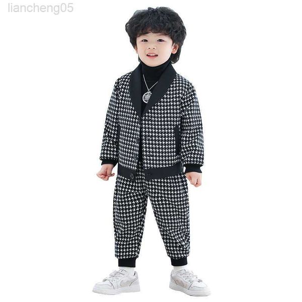 

clothing sets children casual houndstooth suit set korean boys' wedding handsome performance birthday party come kids blazer pants clot, White