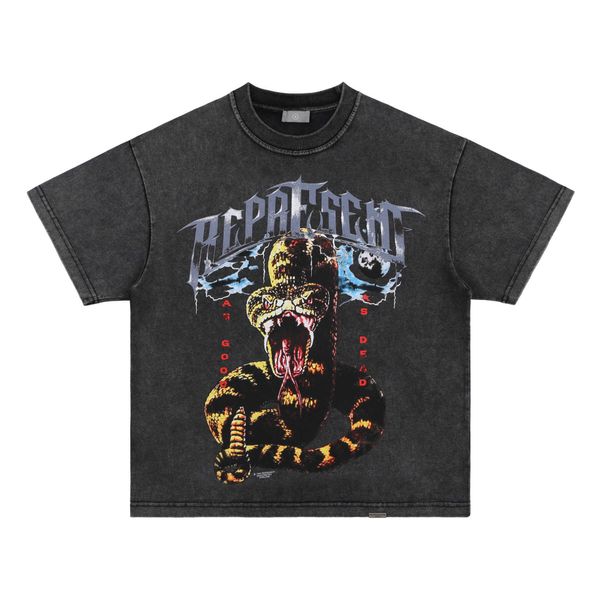 

2023 men's and women's fashion t shirt western european brand designer rep zhi short sleeve rattlesnake cobra wash used vtg printi, White;black