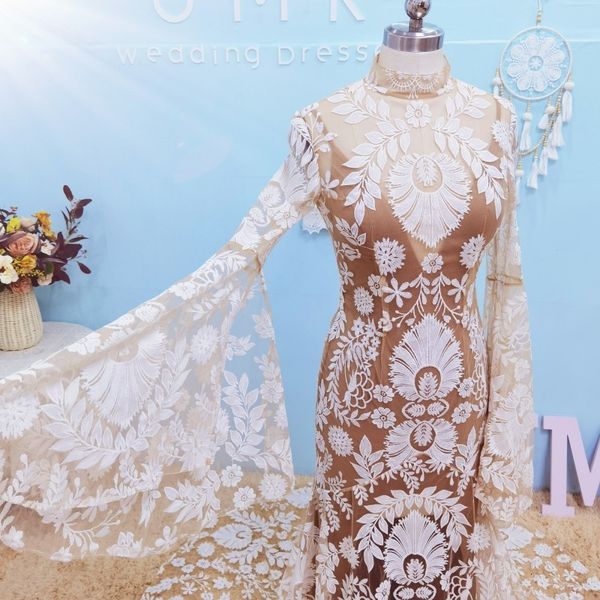 

party dresses umk unique boho high neck lace mermad wedding dress vintage flared sleeves open back chic bohemia bridal gowns 230221, White;black