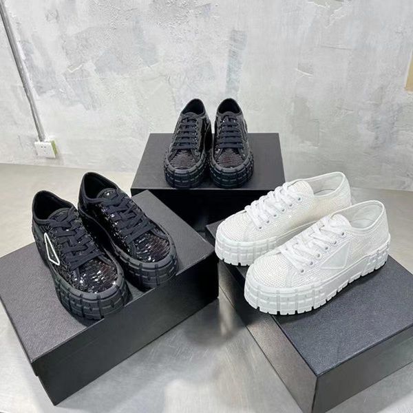 

with box prad designer shoe double wheel nylon gabardine sneaker fashion shoes platform flat classic canvas shoes ladies outdoor dress sn yb, Black
