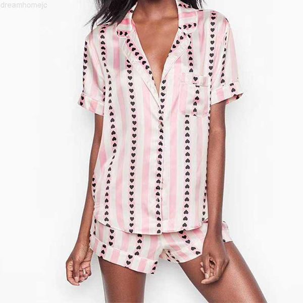 

cute heart striped pajamas for women luxury satin silk pyjamas sleepwear for sleeping summer short home clothes 0222