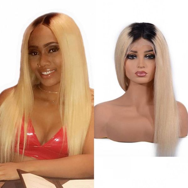 

1b/613 straight hair lace front wigs ombre color brazilian human hair blonde wig with dark black roots 130%, Black;brown