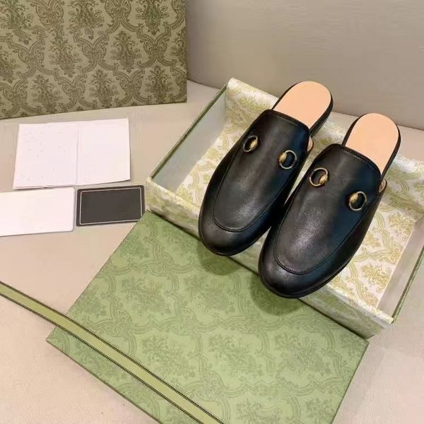 

casual shoes designer princetown slippers fashion leather mules women loafers metal chain comfortable shoe lace velvet slipper 01, Black