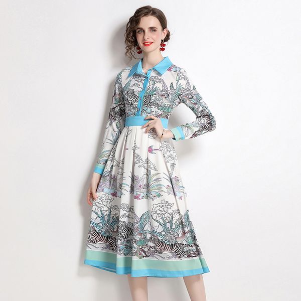 

2023 retro printed pleated dresses women designer robe long sleeve lapel high waist elegant shirt dress spring autumn ladies weekend cafe sl, Black;gray
