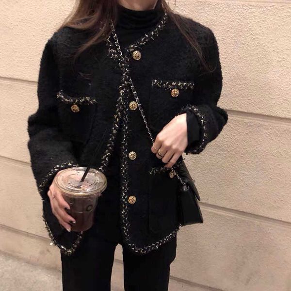 

womens jackets korean female black tweed jacket coat women outerwear coats channel style suit cropped stripeed kawaii vintage fashion 230222, Black;brown