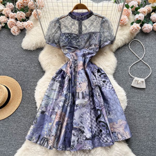 

premium lace patchwork printed bubble sleeve dress summer women's french waist a-line skirt, Black;gray