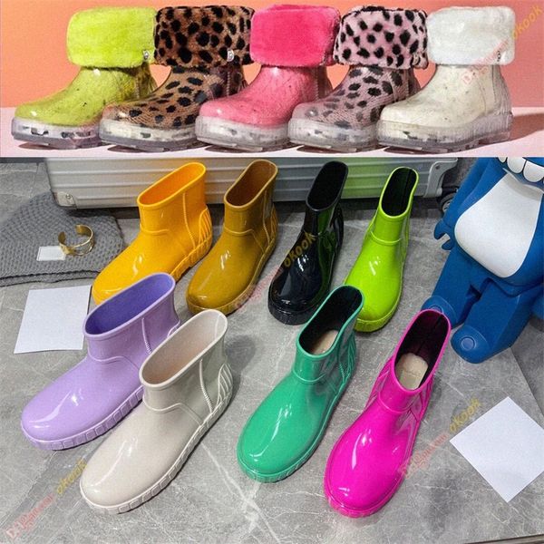 

designer rainboots waterproof boots translucence pvc one-piece molding red orange and blue 7mm sheep fur insole detachable cotton, Black
