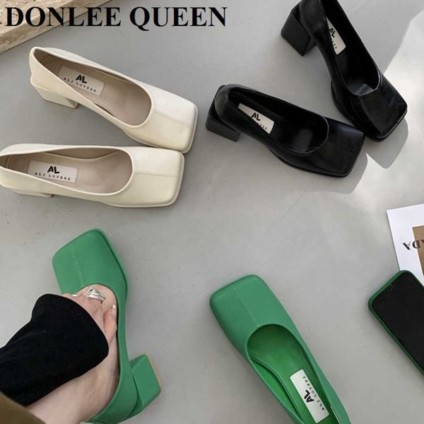 

women pumps square toe thick heels office dress shoes wedding party elegant ladies female slip on loafers brand zapatillas mujer 0220, Black