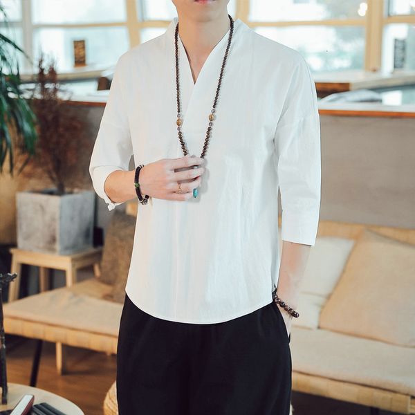 

men's casual shirts cotton linen mans oversize vneck solid vintage man 5 colors summer harajuku clothing fashions streetwear 5xl 230221, White;black
