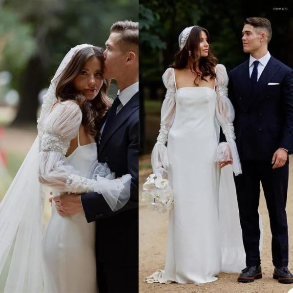 

2023 boho beach wedding dresses bridal gown square neck long sleeves lace applique pearls beaded ruched pleats sweep train custom plus size, White