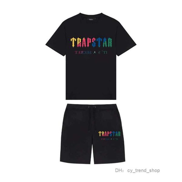 

summer new trapstar london shooter short-sleeved t shirt suit chenille decoding black ice flavor 2.0 men's round neck t-shirt shorts8, White;black