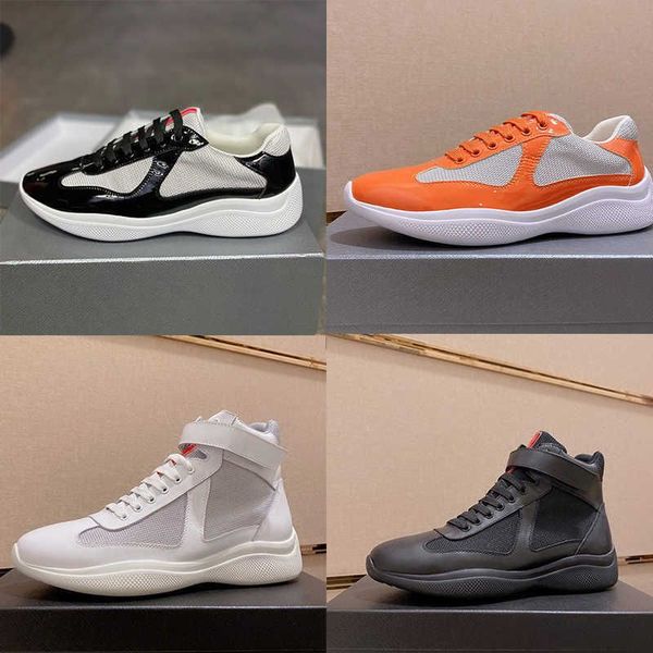 

with box prad designer america cup men sneakers flat lace-up trainers patent leather shoes mesh nylon black casual shoes with yg