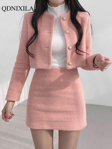 

two piece dress autumn winter korean fashion sweet women's suits with mini skirt two-pieces set woman dress casual elegant tweed suits, White