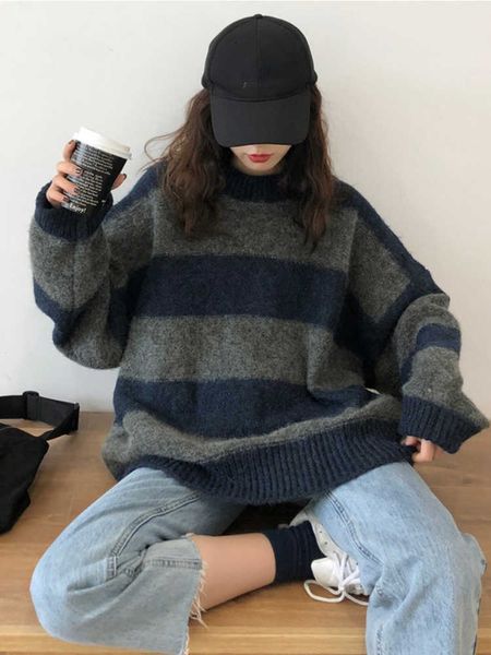 

sweater woman winter 2022 korean fashion pullover long sleeve thick s o-neck stripe over sized women knit 230222, White;black