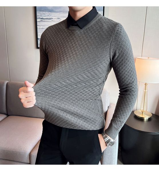 

fake-2pieces gentlemen sweater men clothing fashion slim fit casual knitted pullovers pull homme korean style s-4xl, White;black