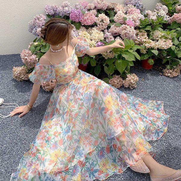 

casual dresses 2023 summer french vintage floral beach dress puff sleeve backless slip dresses elegant temperament korea long dress l230221, Black;gray