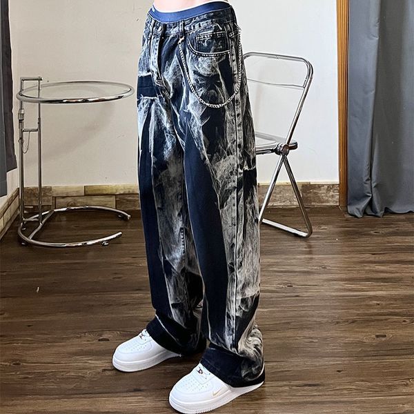 

men's jeans houzhou hip hop punk denim trousers male y2k graphic rave pants for loose casual black korean streetwear hippie 230222, Blue