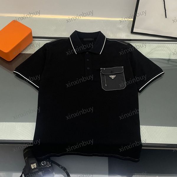 

xinxinbuy men designer tee t shirt 23ss milan nylon metal triangle label short sleeve cotton women white black s-xl, Black;brown