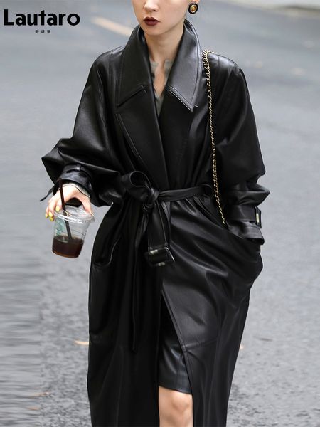 

women's jackets lautaro spring autumn oversized long black soft pu leather trench coat for women belt double breasted luxury korean fas, Black;brown