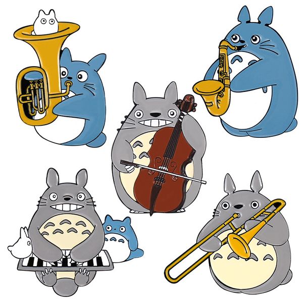 

totoro symphony orchestra brooch 5pcs set cute violin piano saxophone enamel pins creative animal paint badge for girls jewelry gift bag acc, Gray